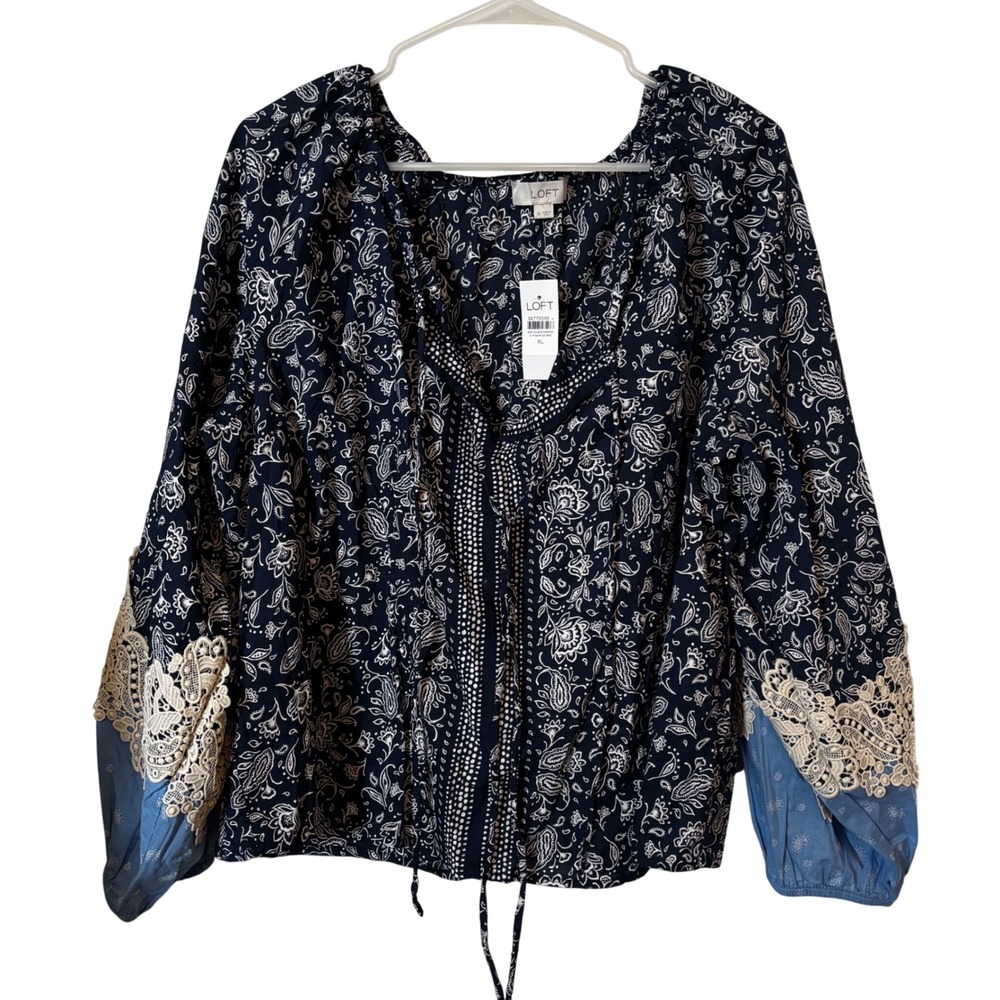 Loft Women's Blouse XL NWT Lace Paisley Tie Boho Style Top Crochet